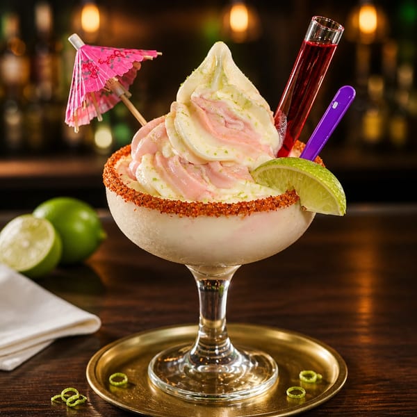 A frozen margarita with pink and white swirls, lime zest, a pink umbrella, and a red shot.