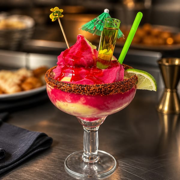 Vibrant red and yellow frozen drink with a chili-lime rim, lime wedge, shot, and umbrella.
