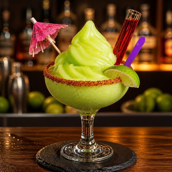 Bright green frozen margarita with a chili-lime rim, lime wedge, pink umbrella, and red shot.