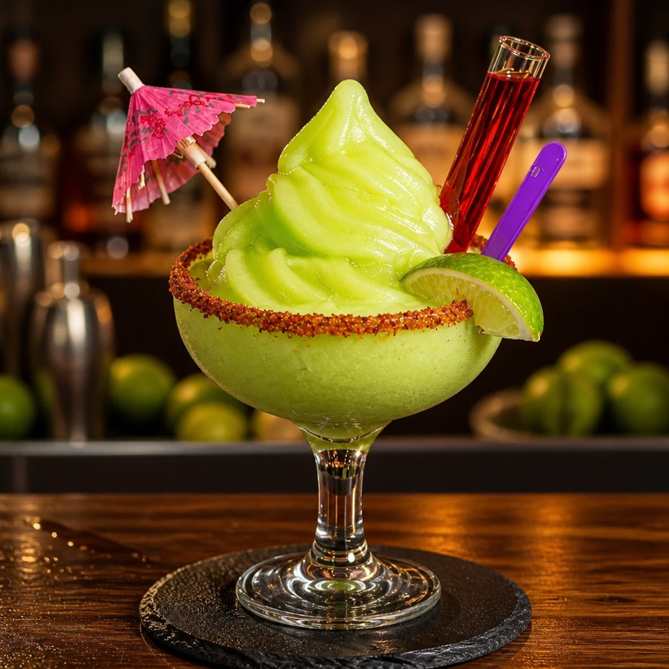 Bright green frozen margarita with a chili-lime rim, lime wedge, pink umbrella, and red shot.